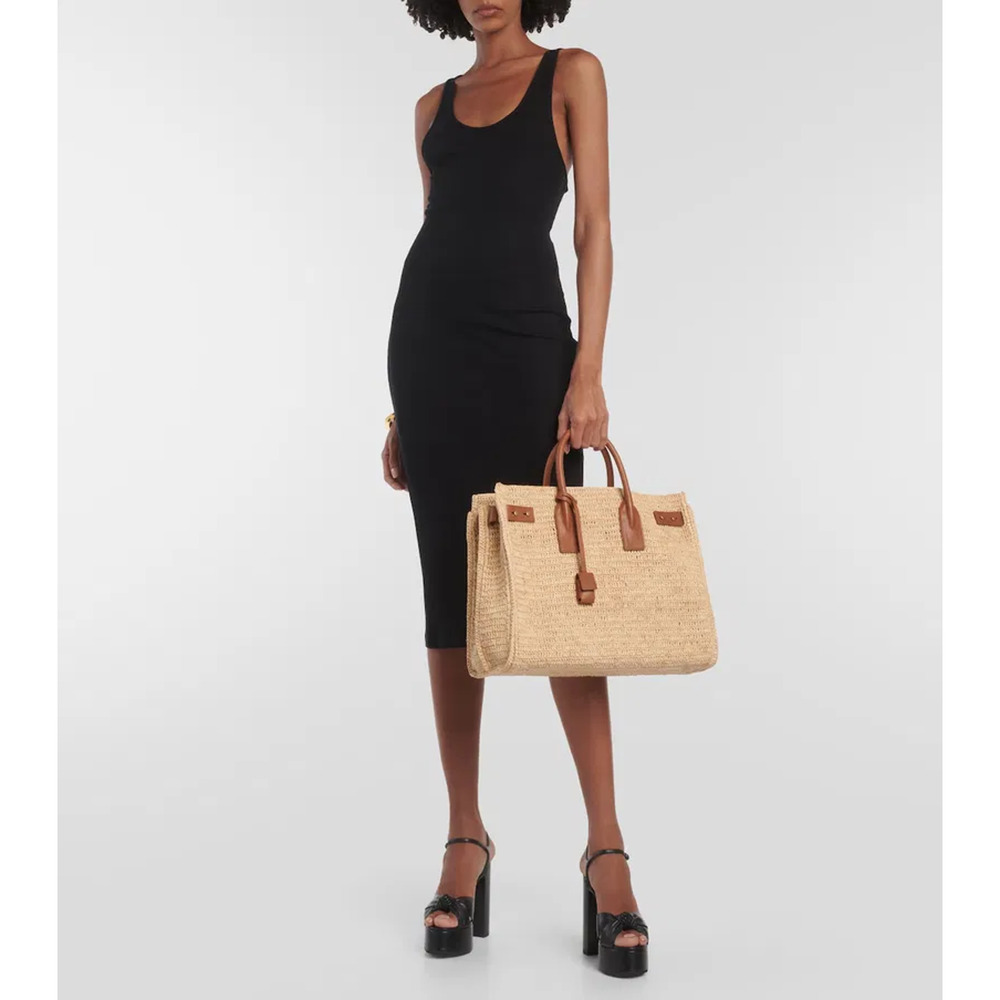 Saint Laurent Medium Sac De Jour Raffia Beige Brown Shoulder Top Handle Tote Bag - Picture 9 of 16